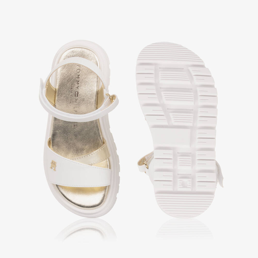 Tommy Hilfiger-Girls White & Gold Sandals with TH Monogram Logo & Chunky Soles | Childrensalon