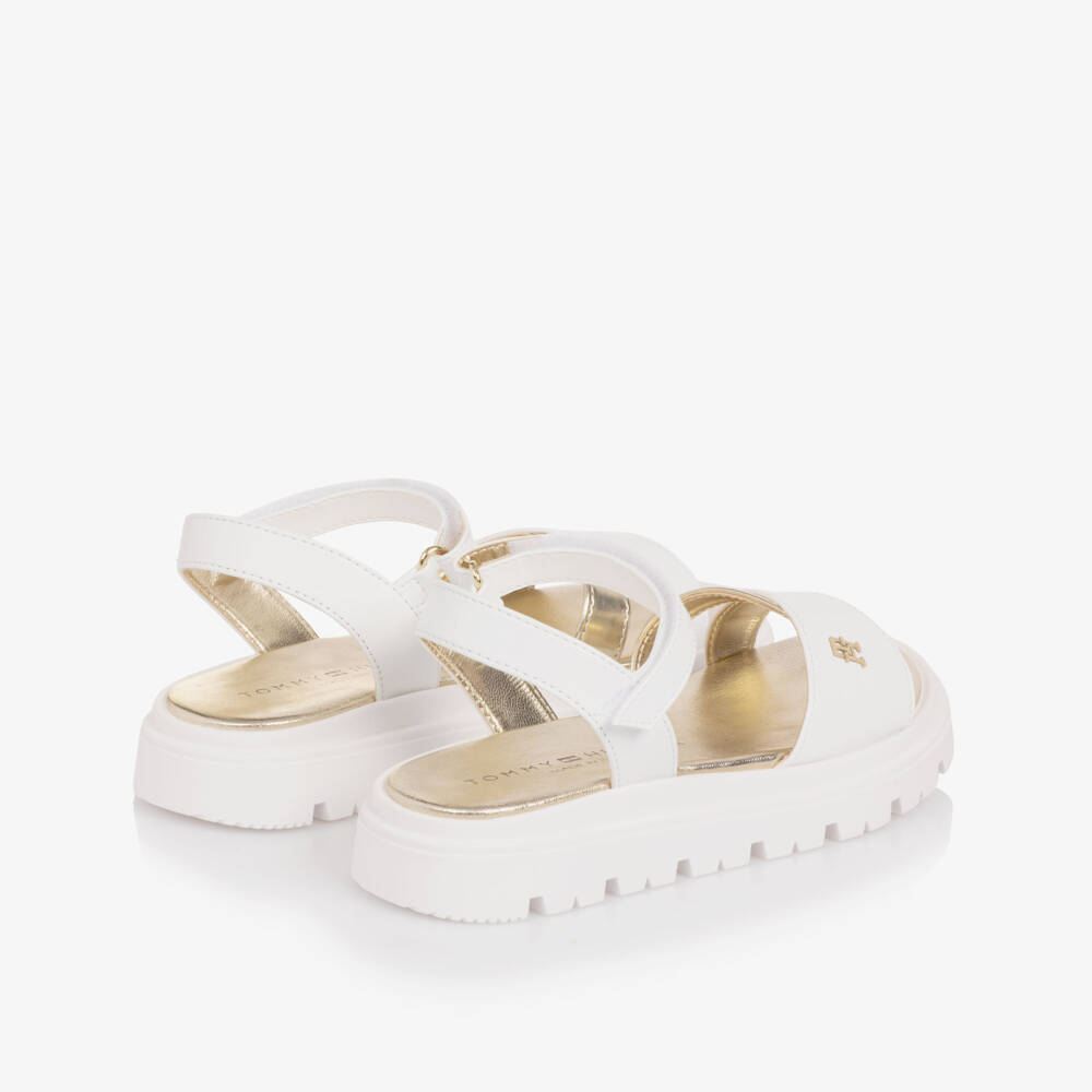 Tommy Hilfiger-Girls White & Gold Sandals with TH Monogram Logo & Chunky Soles | Childrensalon