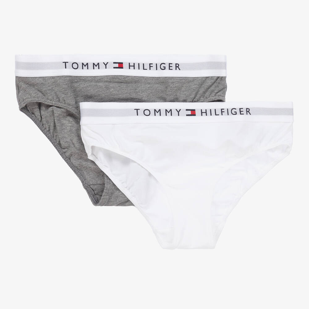 Tommy Hilfiger-Girls White & Grey Cotton Knickers (2 Pack) | Childrensalon