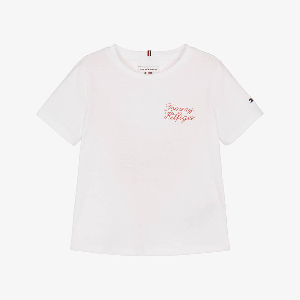 Tommy Hilfiger-Girls White Jersey T-Shirt with a Crew Neck | Childrensalon