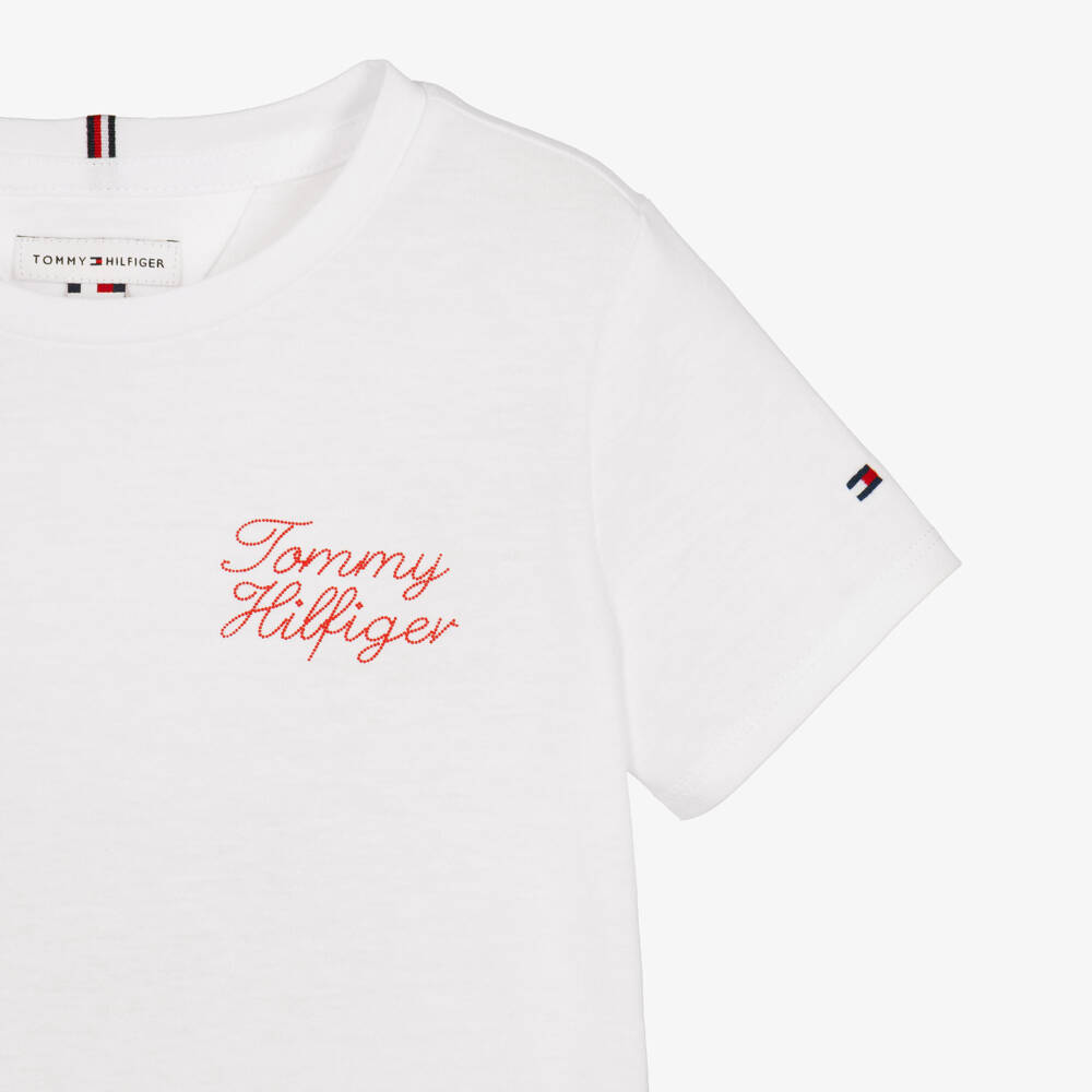 Tommy Hilfiger-Girls White Jersey T-Shirt with a Crew Neck | Childrensalon