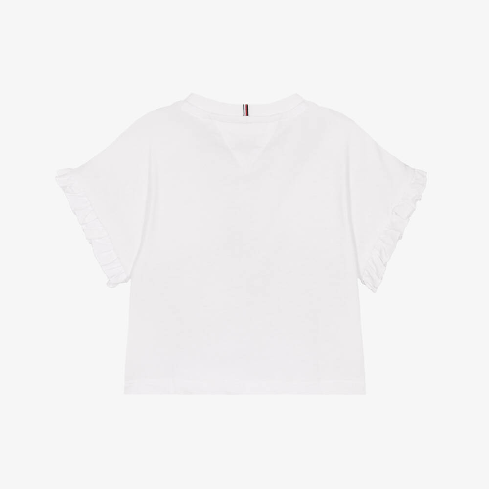 Tommy Hilfiger-Girls White Jersey T-Shirt with Ruffle Trim | Childrensalon