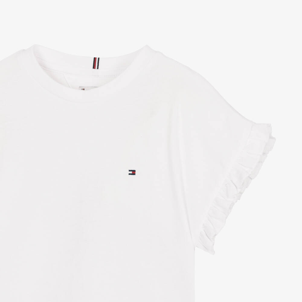 Tommy Hilfiger-Girls White Jersey T-Shirt with Ruffle Trim | Childrensalon