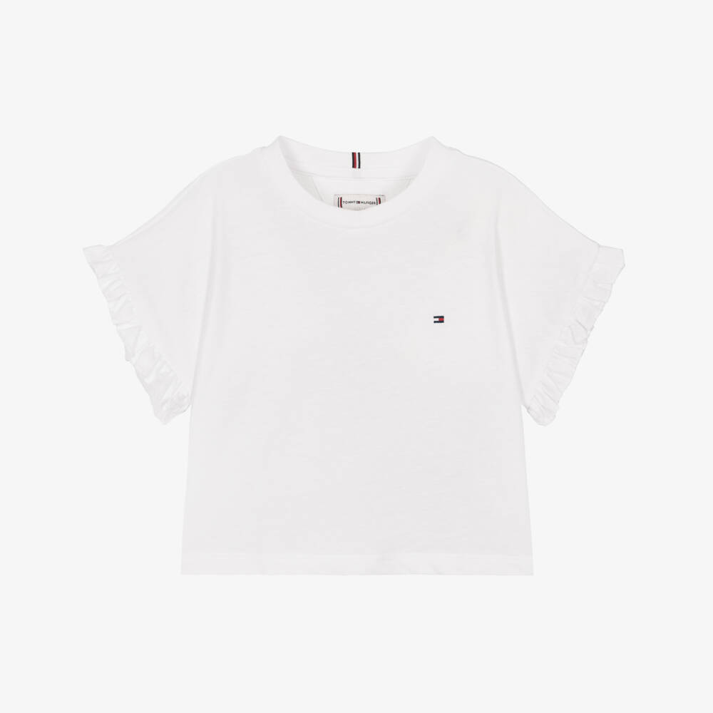 Tommy Hilfiger-Girls White Jersey T-Shirt with Ruffle Trim | Childrensalon