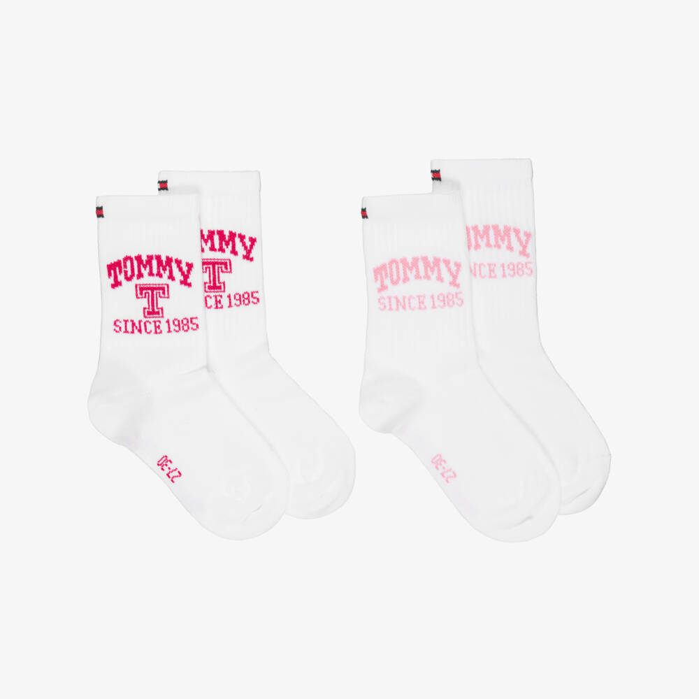 Tommy Hilfiger-Girls White Knitted Ankle Socks with Pink Logos | Childrensalon