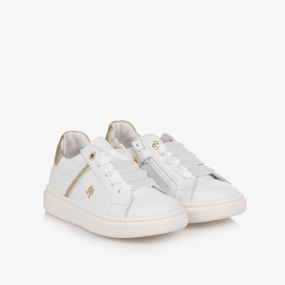 Tommy Hilfiger-Girls White Leather Trainers with Gold Logo Trim | Childrensalon