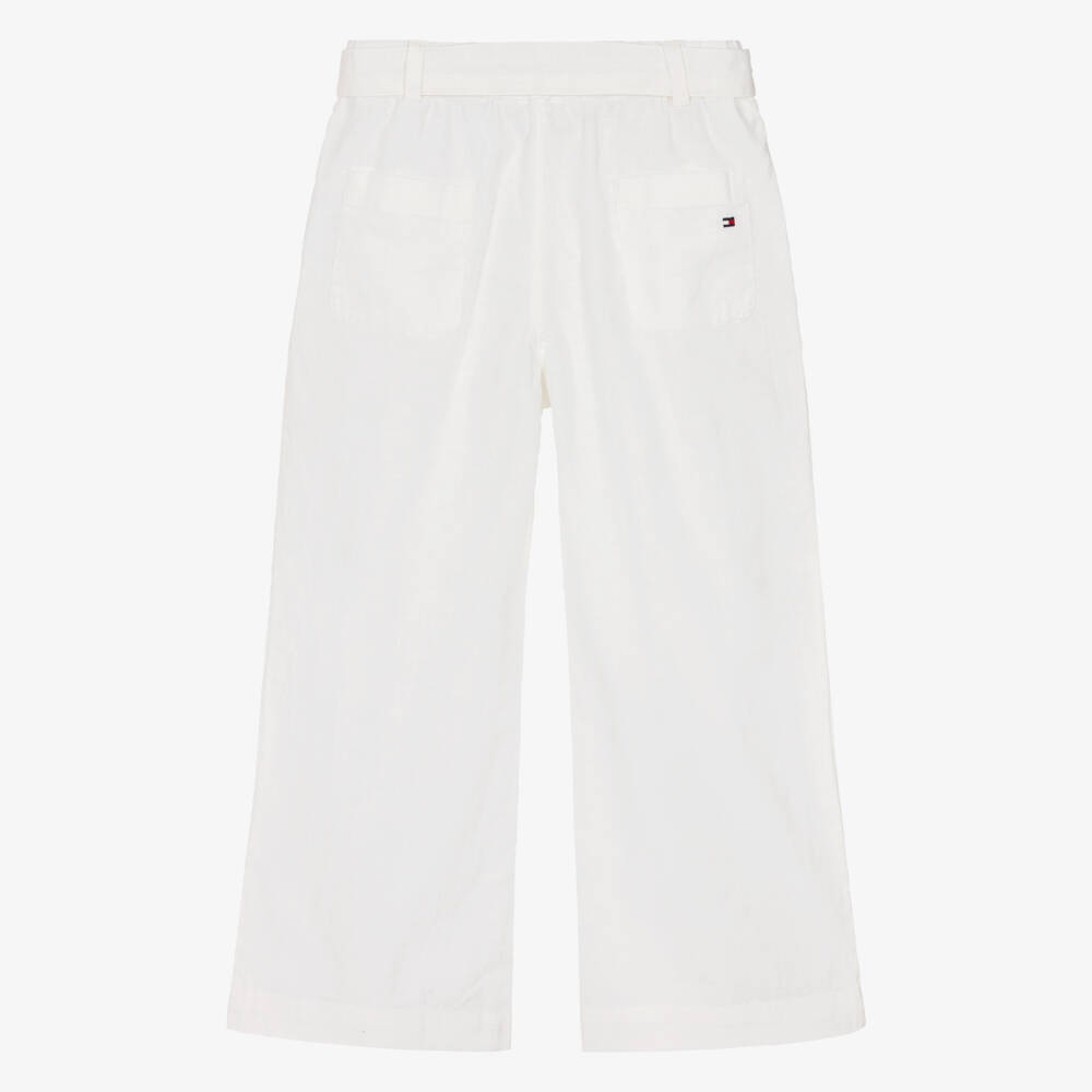 Tommy Hilfiger-Girls White Linen & Cotton Belted Trousers | Childrensalon