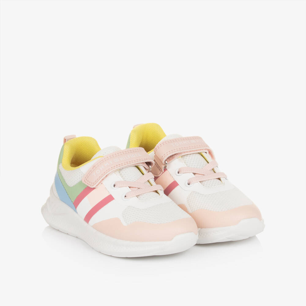 Tommy Hilfiger-Girls White & Pink Colourblock Mesh Trainers | Childrensalon