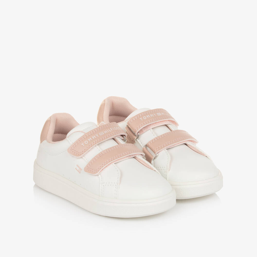 Tommy Hilfiger-Girls White & Pink Faux Leather Double Velcro Trainers | Childrensalon