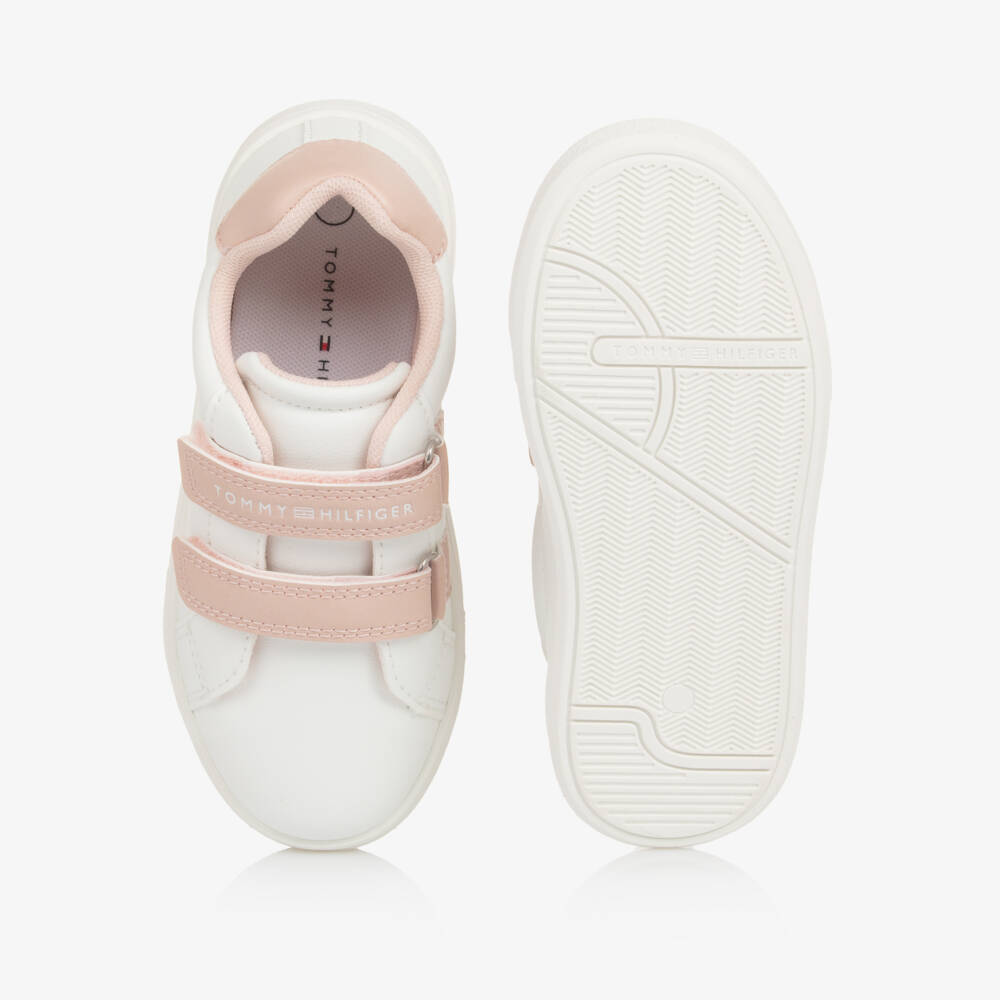 Tommy Hilfiger-Girls White & Pink Faux Leather Double Velcro Trainers | Childrensalon