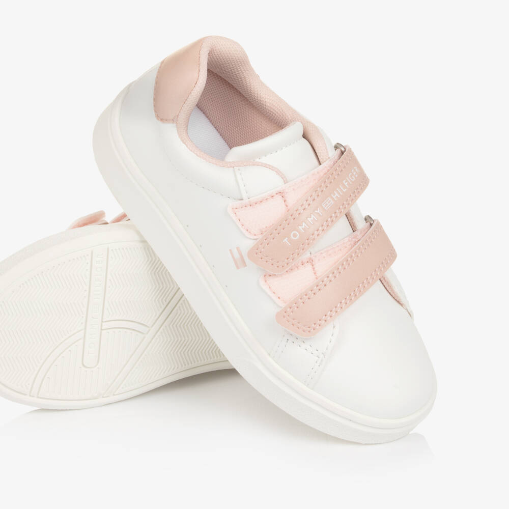 Tommy Hilfiger-Girls White & Pink Faux Leather Double Velcro Trainers | Childrensalon