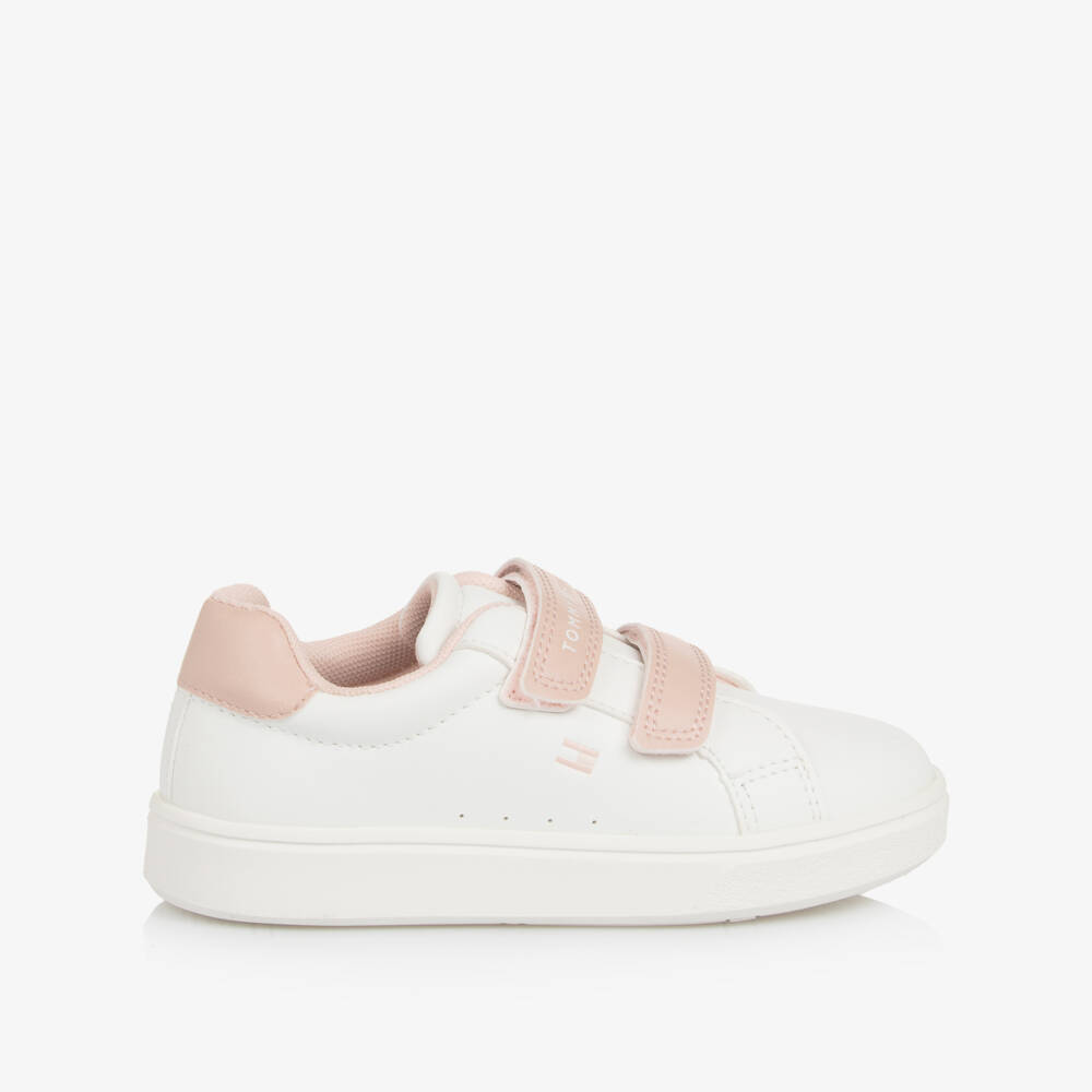 Tommy Hilfiger-Girls White & Pink Faux Leather Double Velcro Trainers | Childrensalon