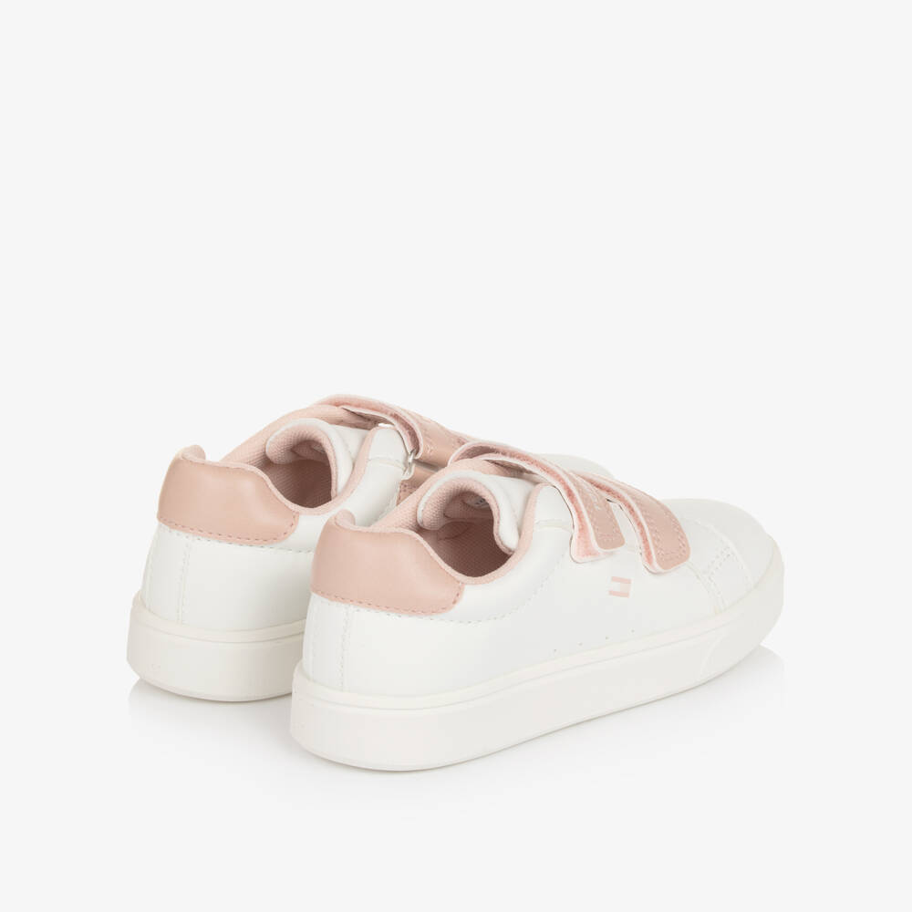 Tommy Hilfiger-Girls White & Pink Faux Leather Double Velcro Trainers | Childrensalon