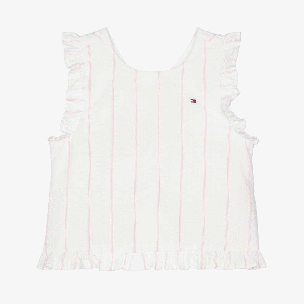 Tommy Hilfiger-Girls White & Pink Striped Seersucker Blouse | Childrensalon
