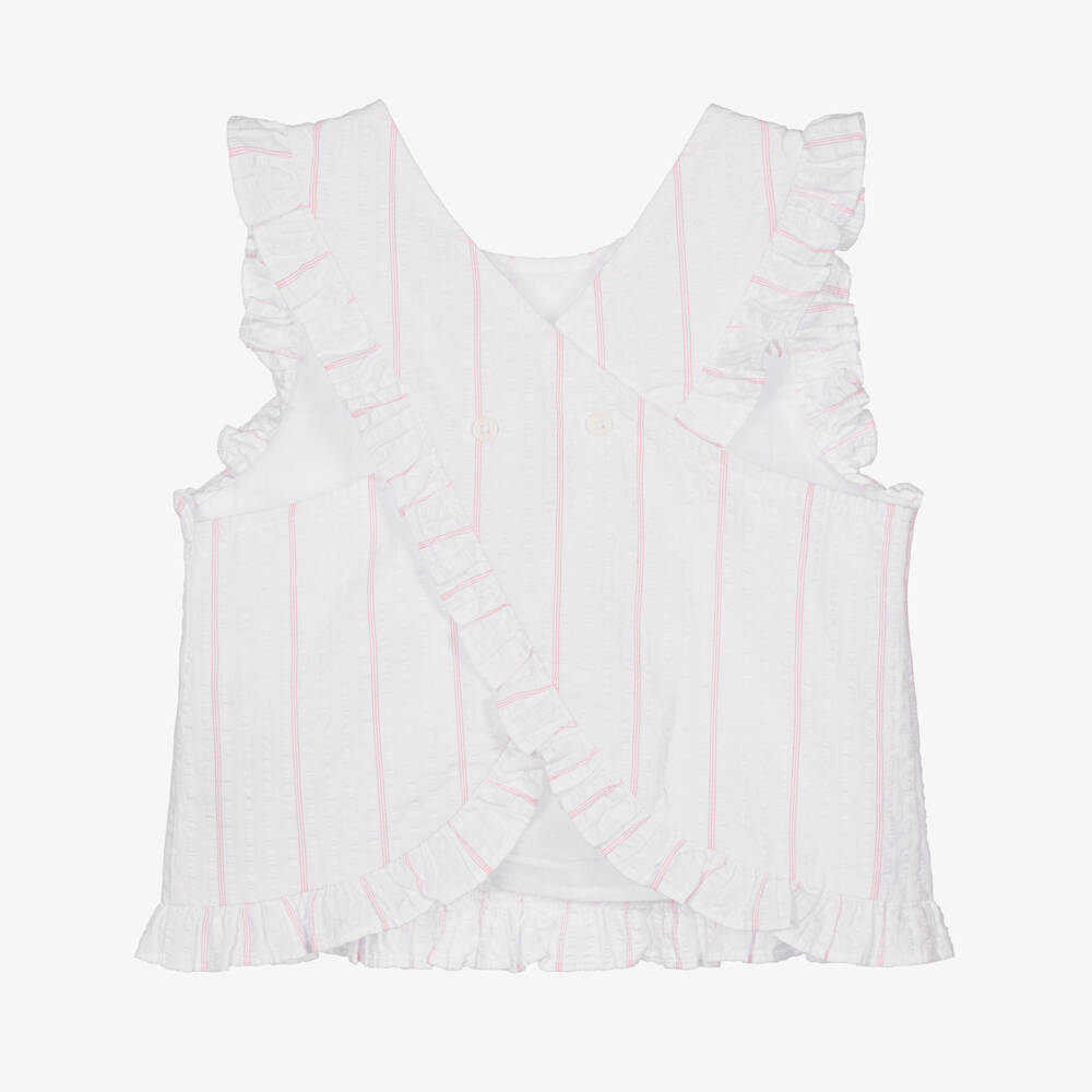 Tommy Hilfiger-Girls White & Pink Striped Seersucker Blouse | Childrensalon