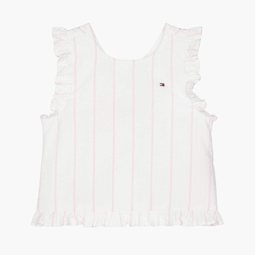 Tommy Hilfiger-Girls White & Pink Striped Seersucker Blouse | Childrensalon