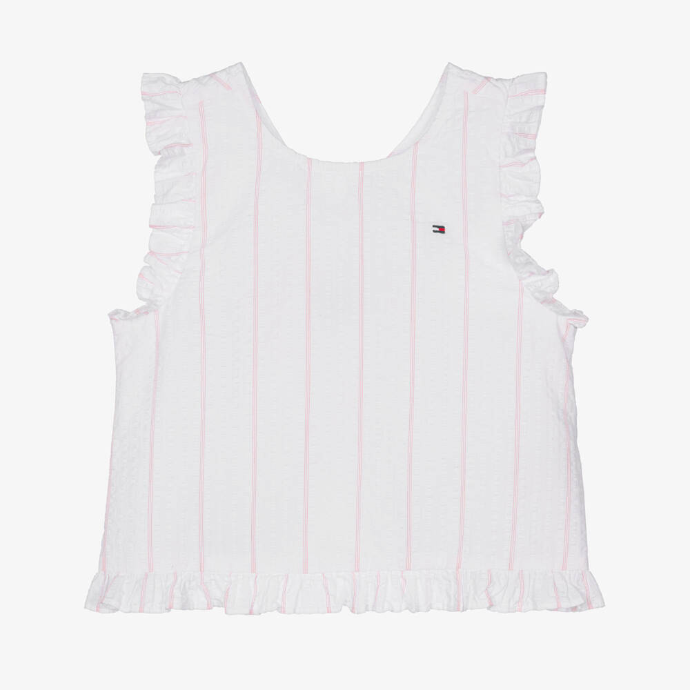 Tommy Hilfiger-Girls White & Pink Striped Seersucker Blouse | Childrensalon