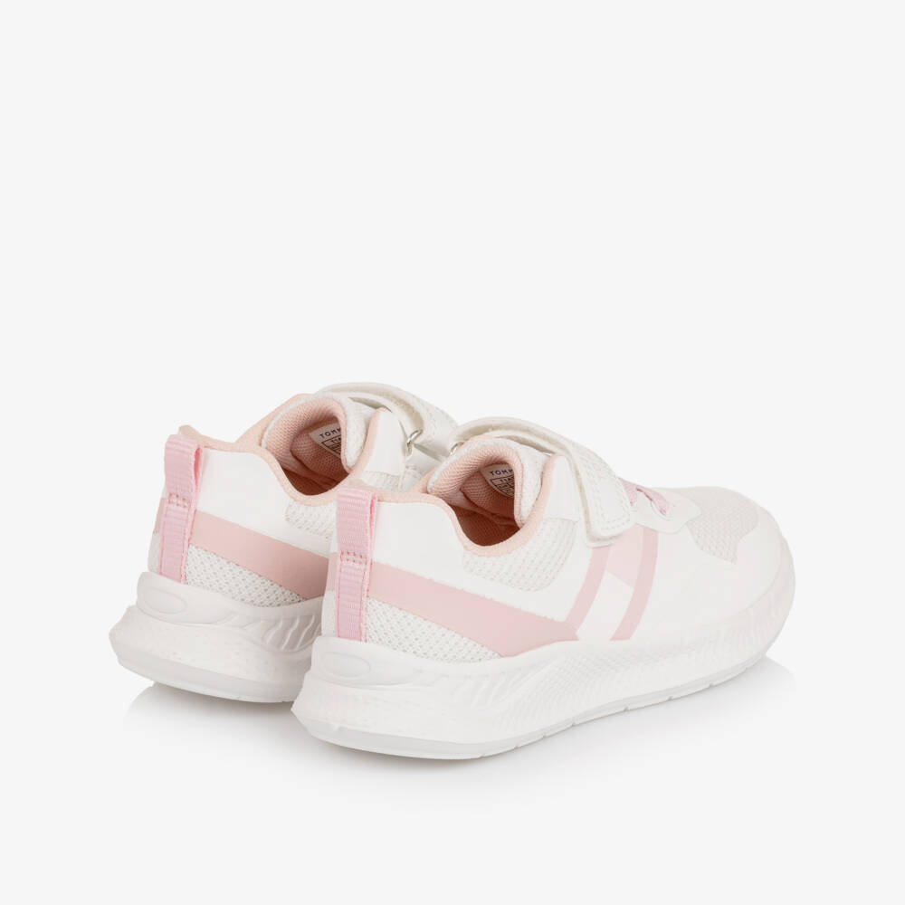 Tommy Hilfiger-Girls White & Pink Trainers with Faux Leather Trims | Childrensalon