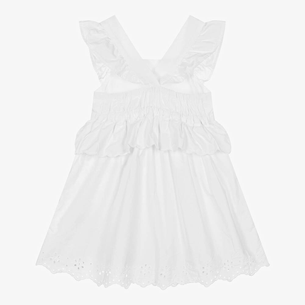 Tommy Hilfiger-Girls White Poplin Dress with Broderie Anglaise Hem | Childrensalon