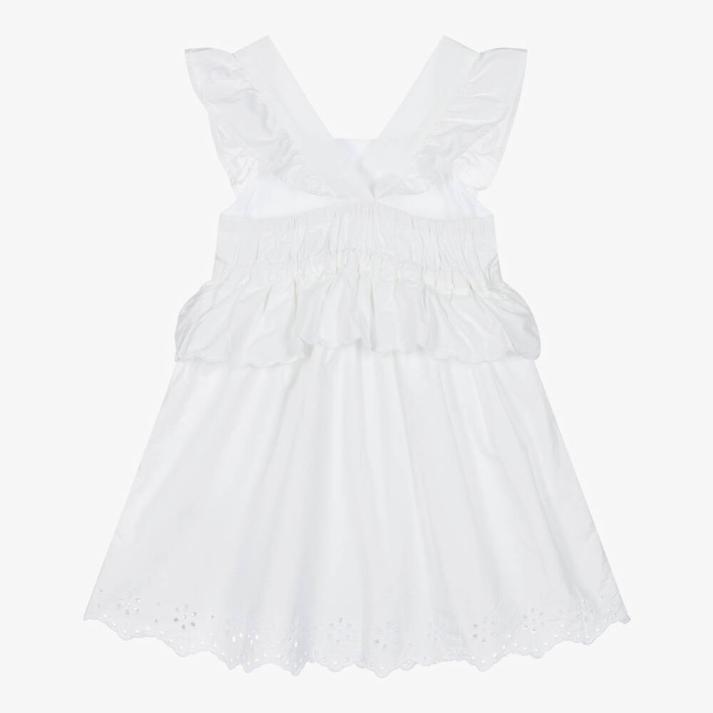 Tommy Hilfiger-Girls White Poplin Dress with Broderie Anglaise Hem | Childrensalon