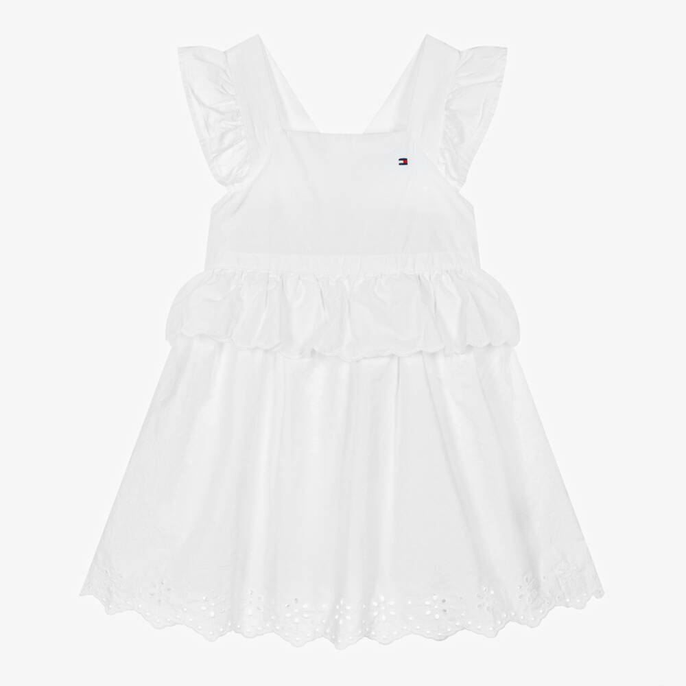Tommy Hilfiger-Girls White Poplin Dress with Broderie Anglaise Hem | Childrensalon