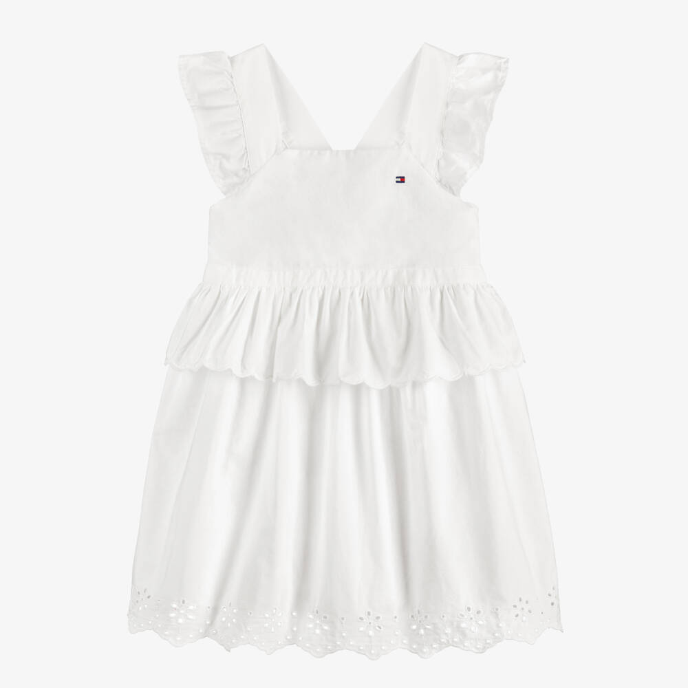 Tommy Hilfiger-Girls White Poplin Dress with Broderie Anglaise Hem | Childrensalon