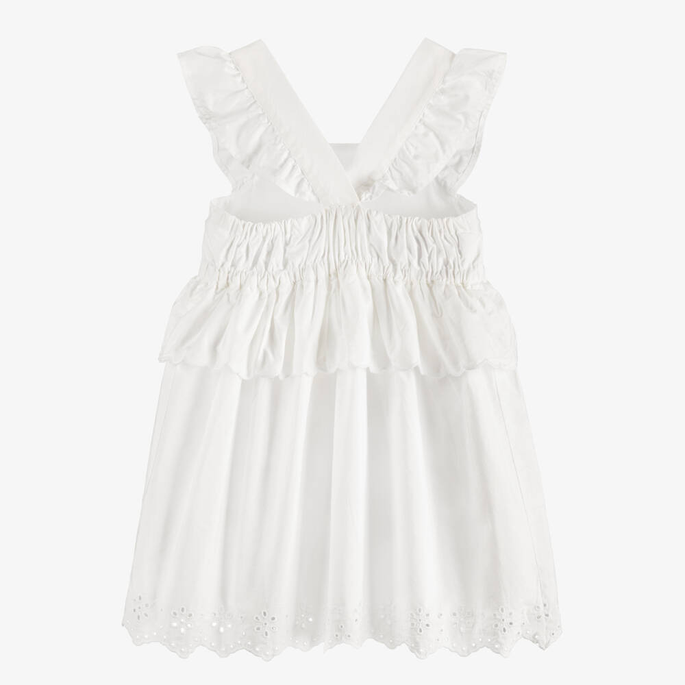 Tommy Hilfiger-Girls White Poplin Dress with Broderie Anglaise Hem | Childrensalon