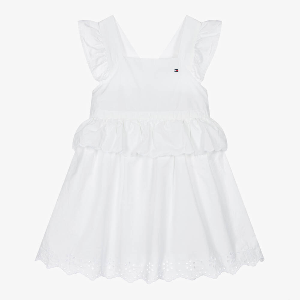 Tommy Hilfiger-Girls White Poplin Dress with Broderie Anglaise Hem | Childrensalon