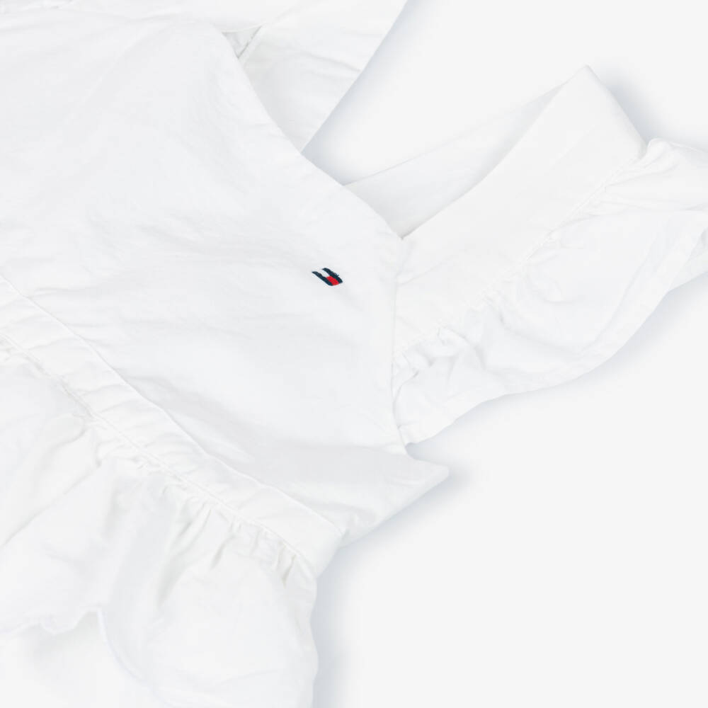 Tommy Hilfiger-Girls White Poplin Dress with Broderie Anglaise Hem | Childrensalon