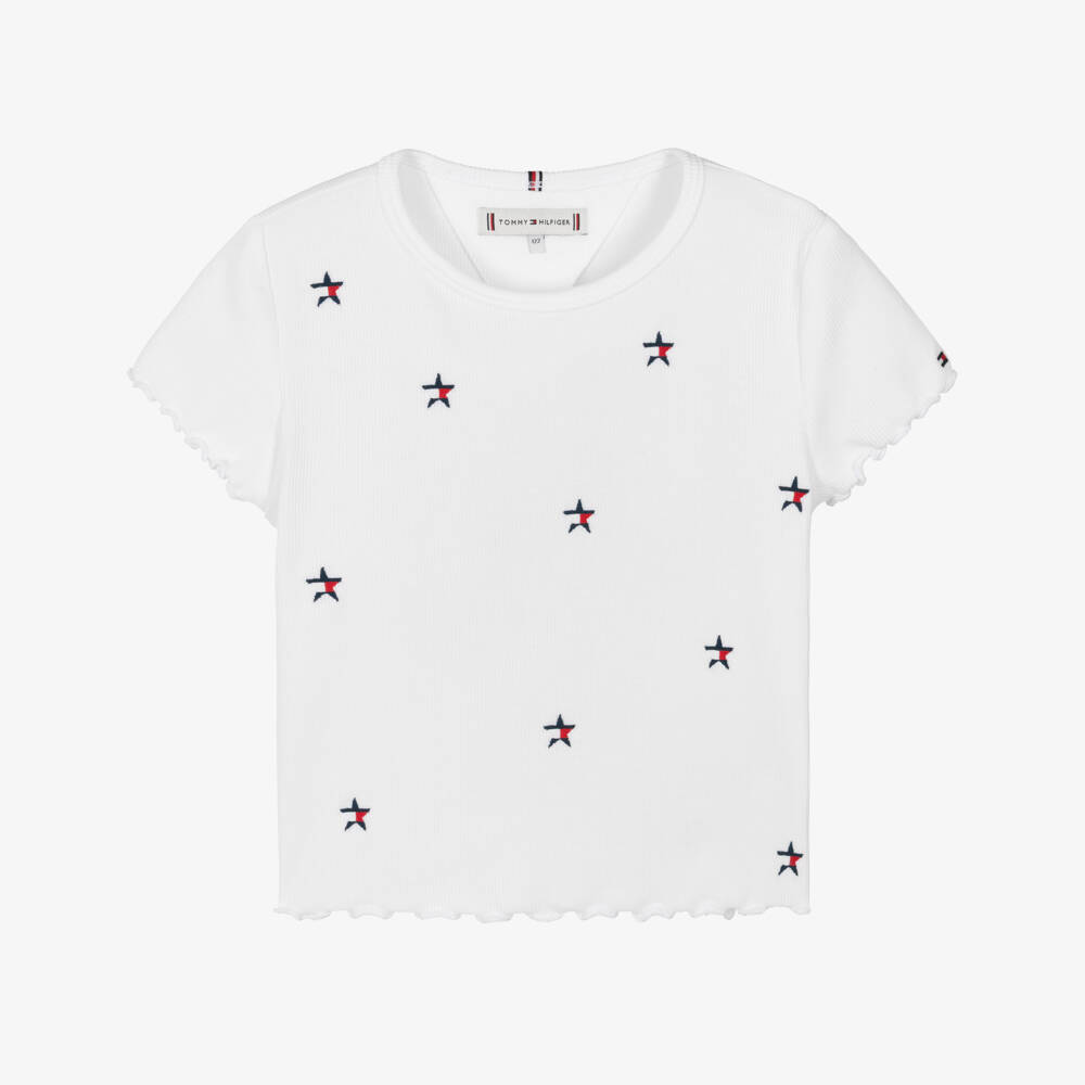 Tommy Hilfiger-Girls White Ribbed Jersey T-Shirt Star Flag Embroidery | Childrensalon