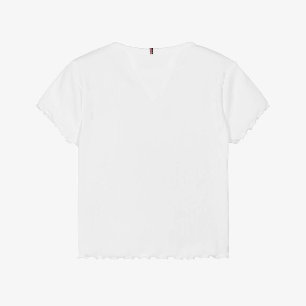 Tommy Hilfiger-Girls White Ribbed Jersey T-Shirt Star Flag Embroidery | Childrensalon