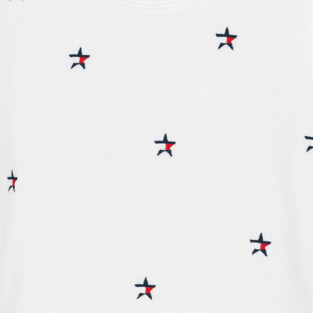 Tommy Hilfiger-Girls White Ribbed Jersey T-Shirt Star Flag Embroidery | Childrensalon