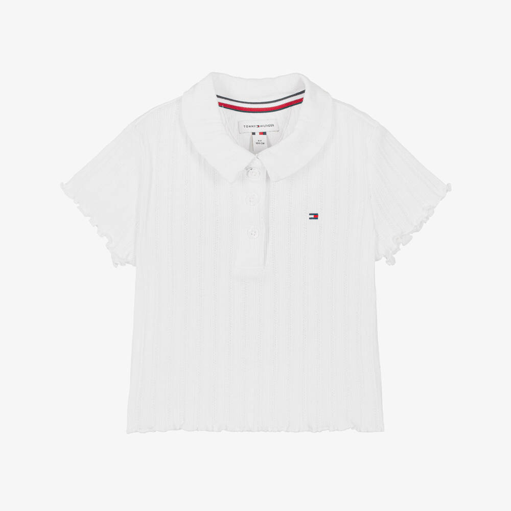 Tommy Hilfiger-Girls White Ribbed Pointelle Polo Shirt | Childrensalon