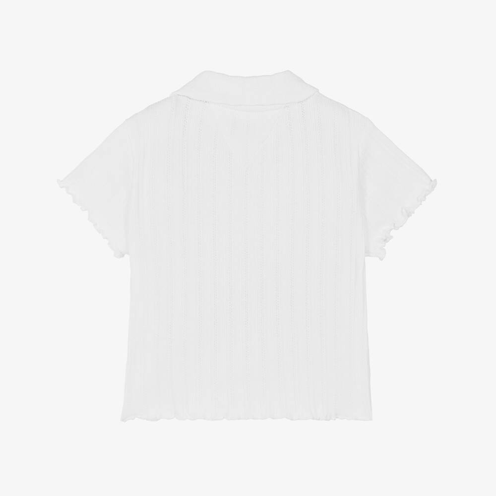 Tommy Hilfiger-Girls White Ribbed Pointelle Polo Shirt | Childrensalon