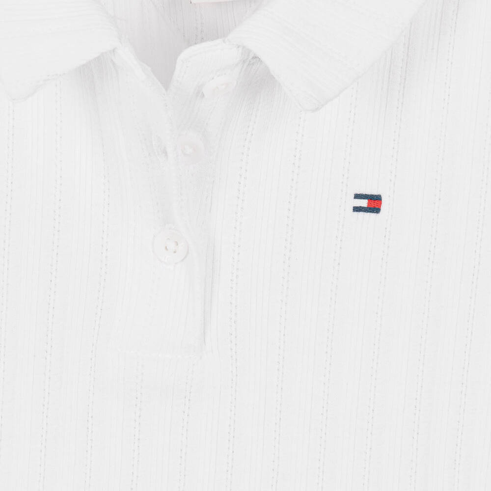 Tommy Hilfiger-Girls White Ribbed Pointelle Polo Shirt | Childrensalon
