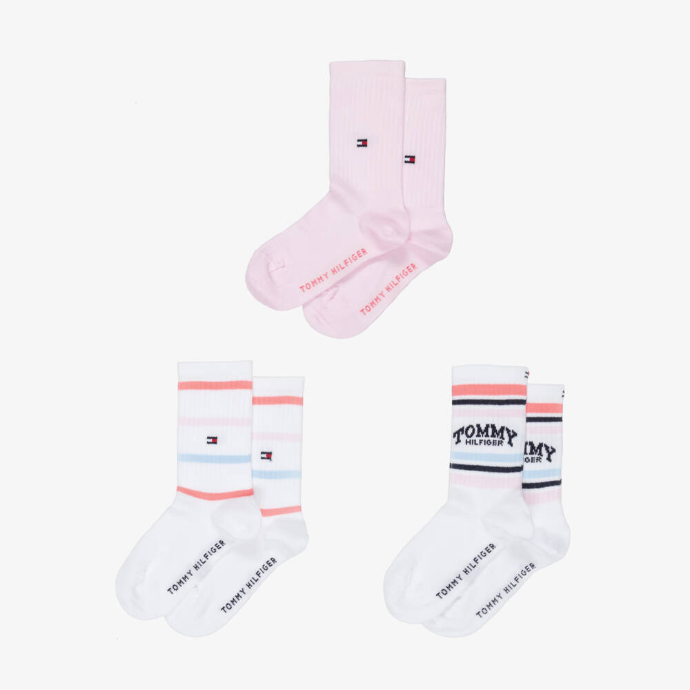 Tommy Hilfiger-Girls White Striped & Pale Pink Ankle Socks (3 Pack) | Childrensalon