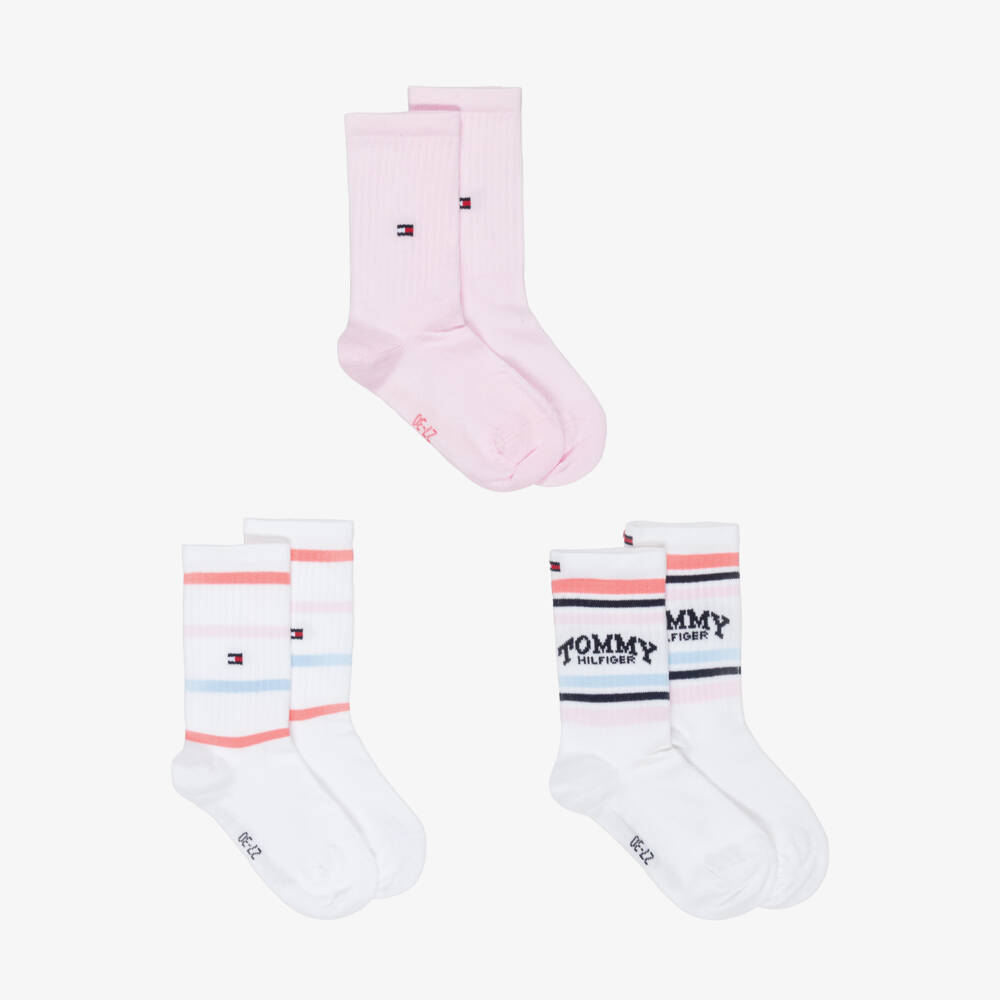 Tommy Hilfiger-Girls White Striped & Pale Pink Ankle Socks (3 Pack) | Childrensalon