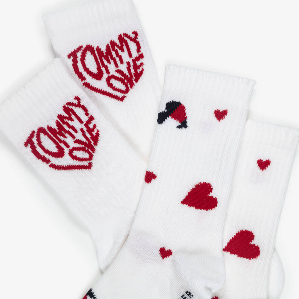 Tommy Hilfiger-Girls White Tommy Love Ankle Socks (2 Pack) | Childrensalon