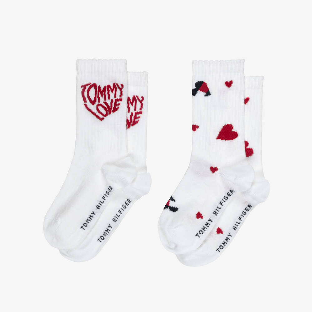 Tommy Hilfiger-Girls White Tommy Love Ankle Socks (2 Pack) | Childrensalon