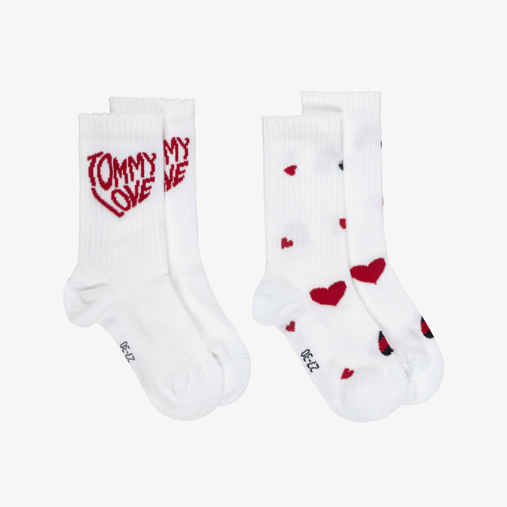 Tommy Hilfiger-Girls White Tommy Love Ankle Socks (2 Pack) | Childrensalon