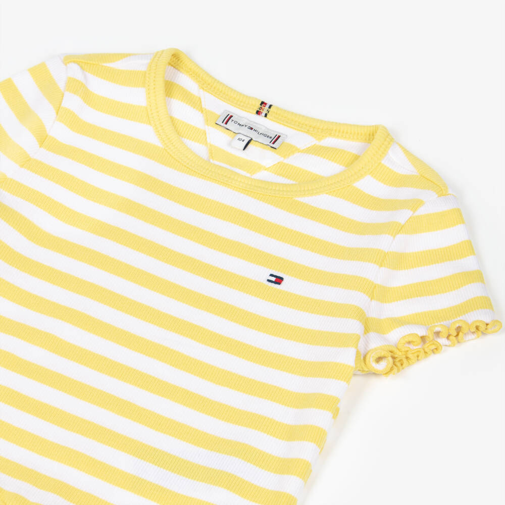 Tommy Hilfiger-Girls Yellow Stripe Cotton T-Shirt with Curly Trims | Childrensalon