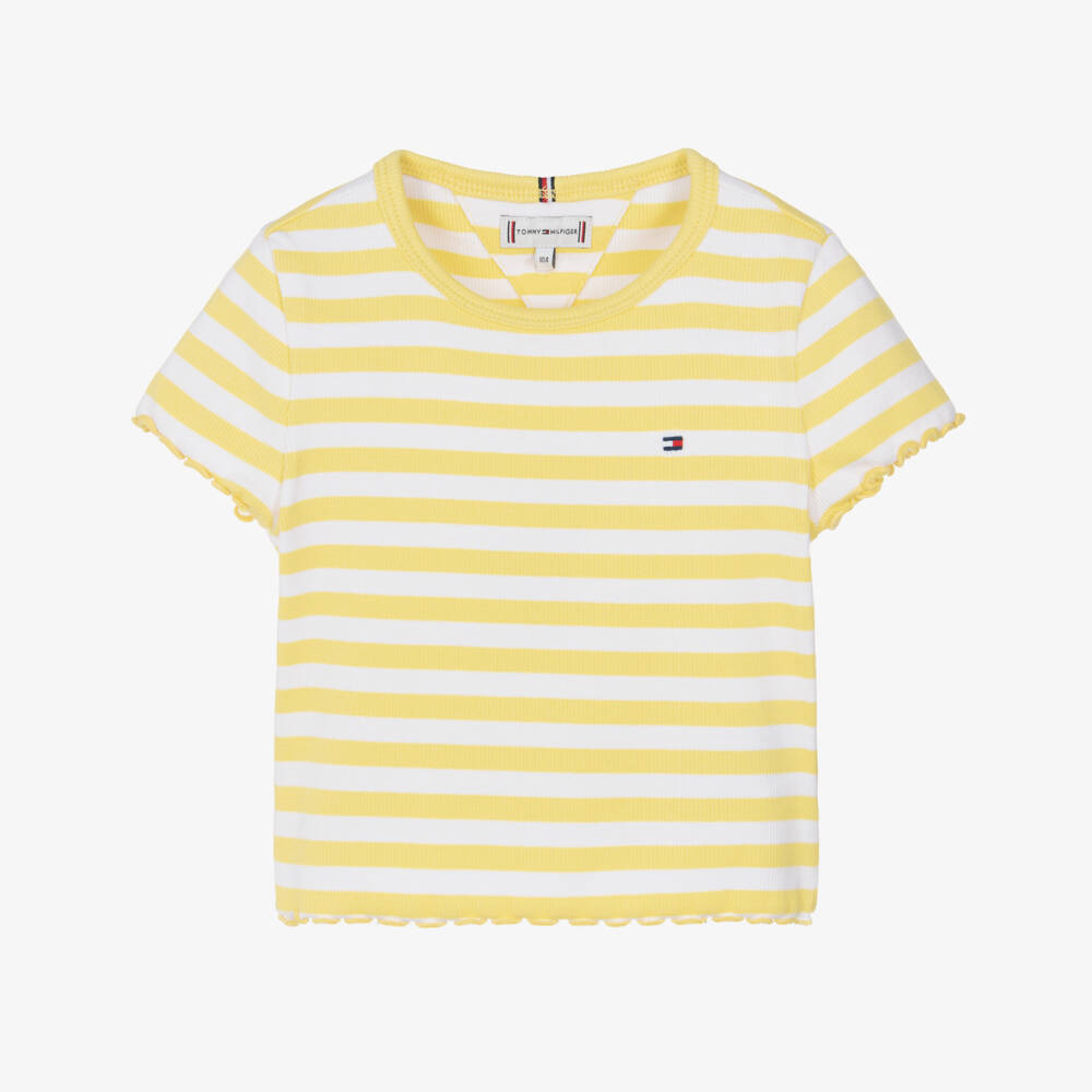 Tommy Hilfiger-Girls Yellow Stripe Cotton T-Shirt with Curly Trims | Childrensalon
