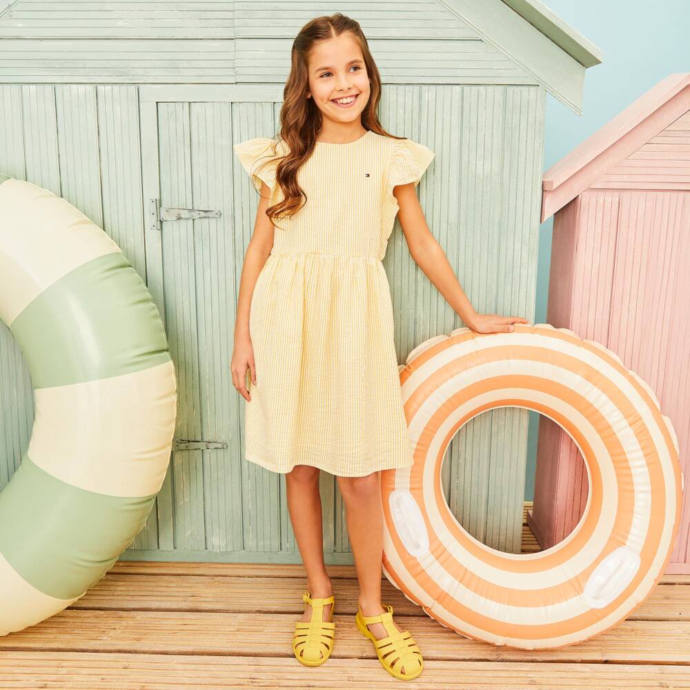 Tommy Hilfiger-Girls Yellow Striped Cotton Seersucker Dress | Childrensalon