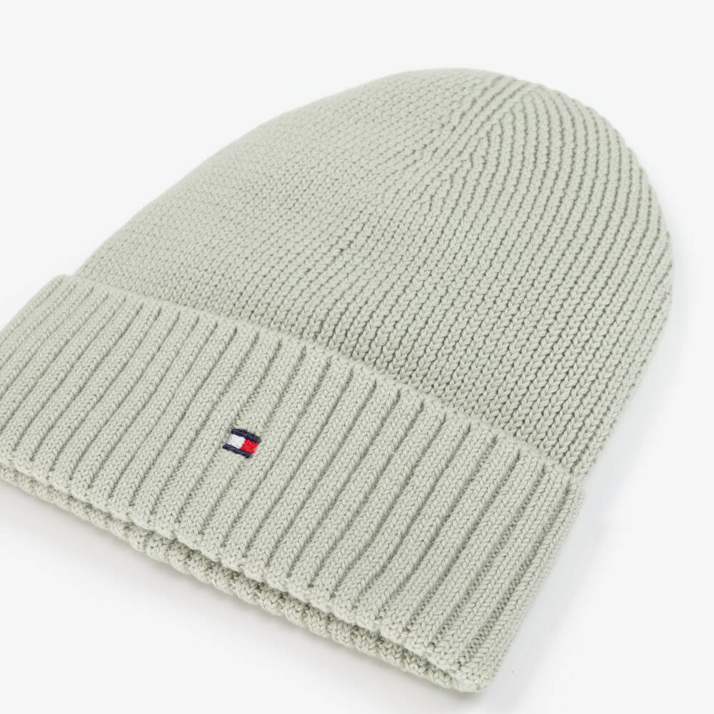 Tommy Hilfiger-Green Cotton Knit Flag Logo Beanie Hat | Childrensalon