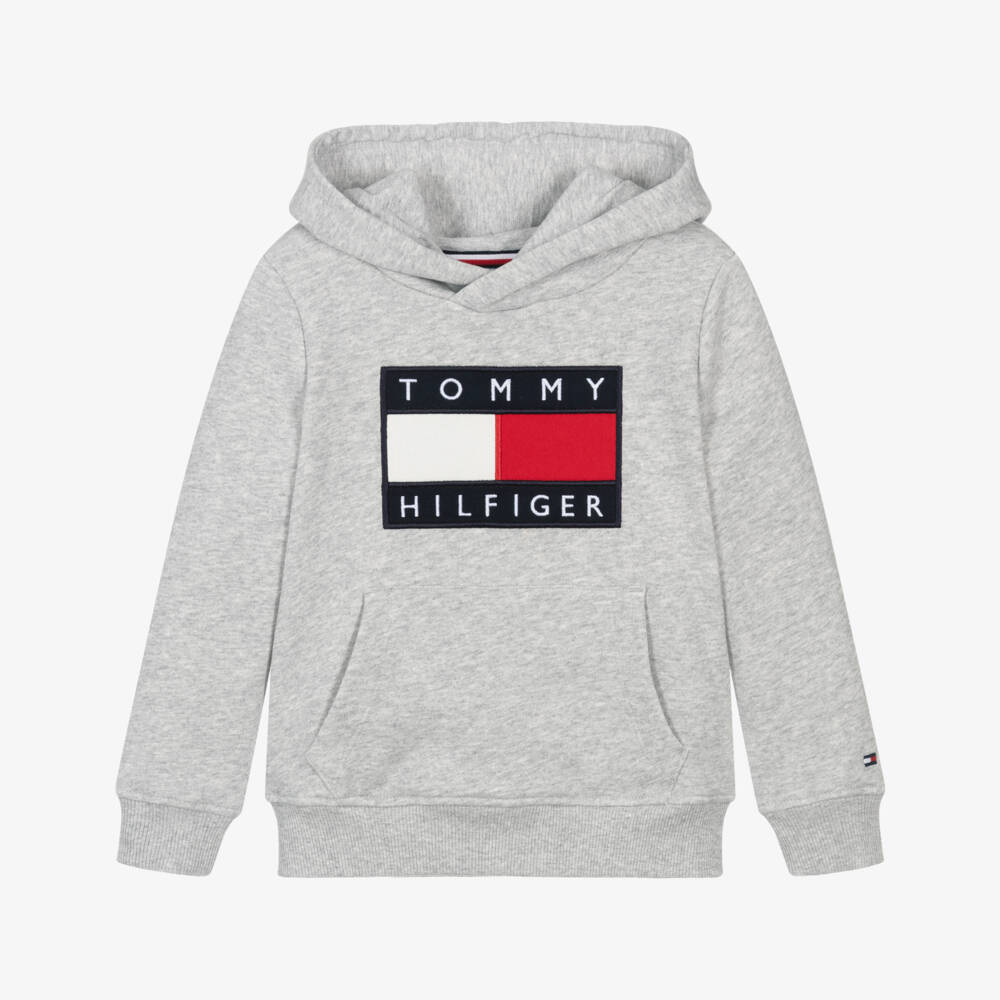 Tommy Hilfiger-Grey Cotton Heritage Flag Logo Hoodie | Childrensalon