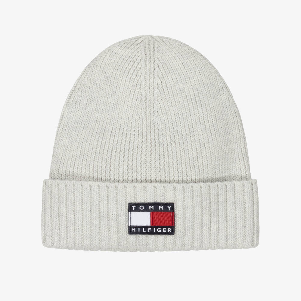 Tommy Hilfiger-Grey Cotton Knit Beanie Hat with Flag Logo | Childrensalon