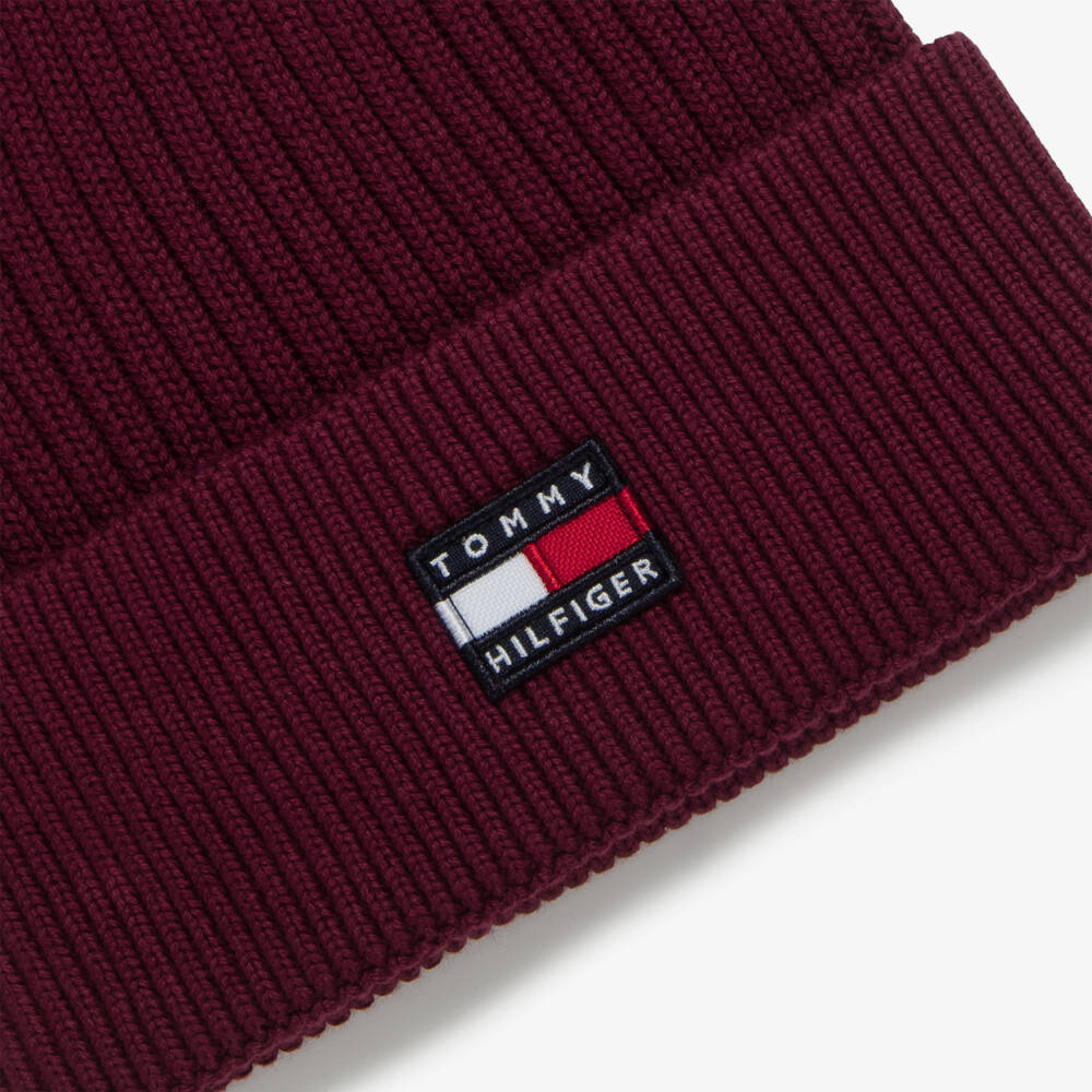 Tommy Hilfiger-Heritage Flag Rib-Knit Beanie in Burgundy Red | Childrensalon
