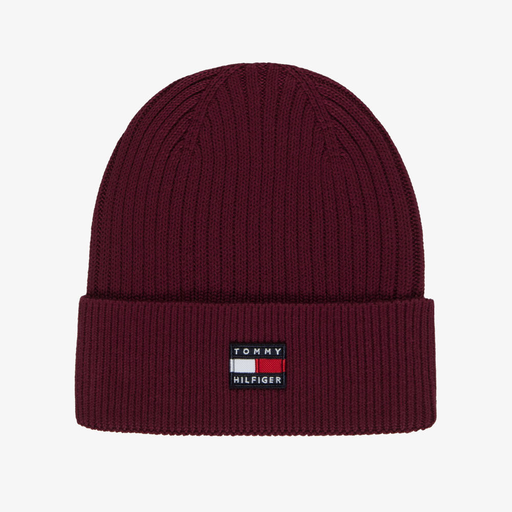 Tommy Hilfiger-Heritage Flag Rib-Knit Beanie in Burgundy Red | Childrensalon