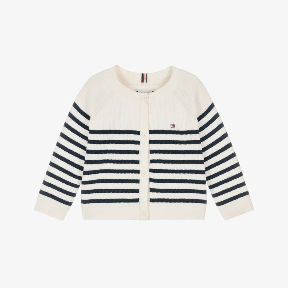 Tommy Hilfiger-Ivory & Blue Striped Cotton Baby Cardigan with Flag Logo | Childrensalon