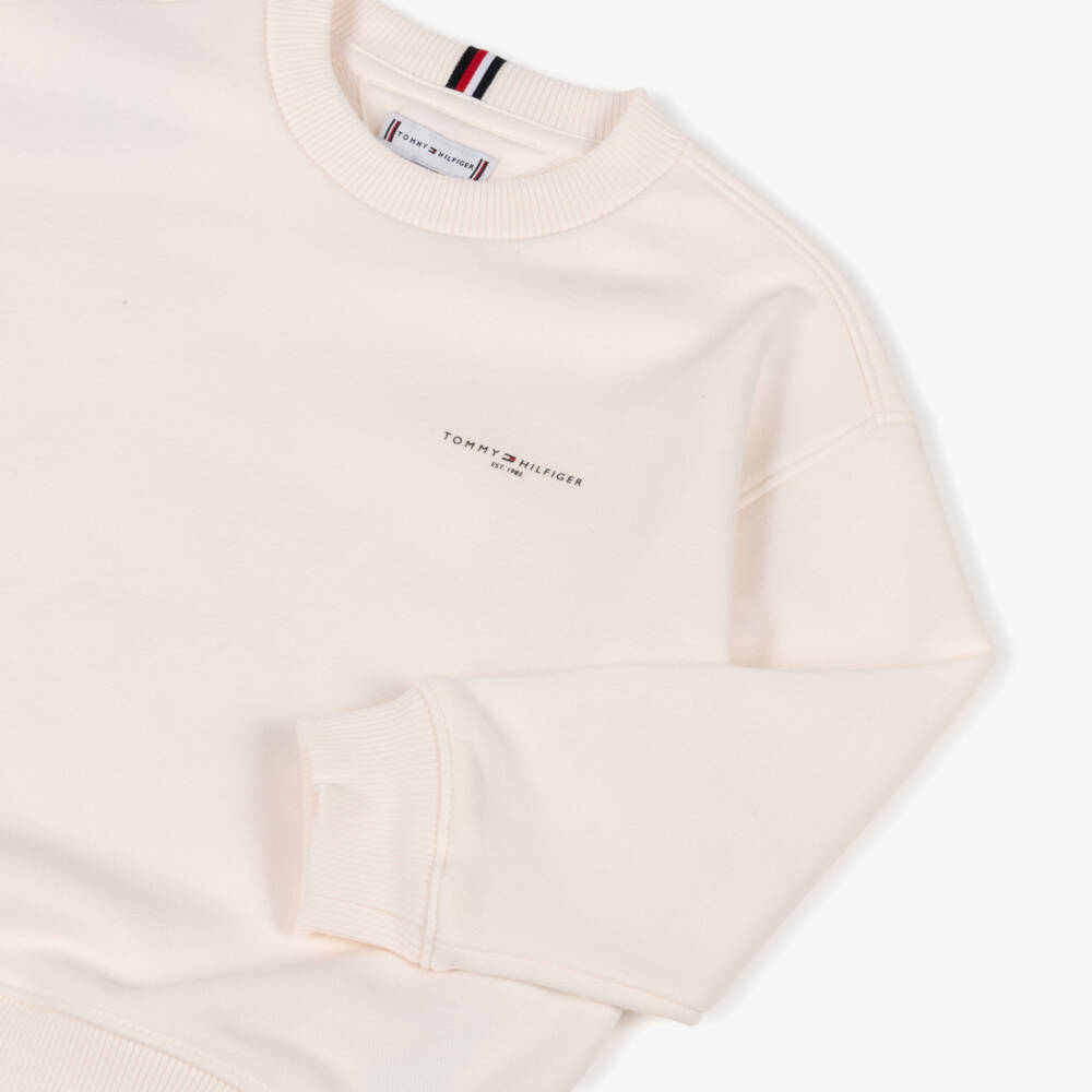 Tommy Hilfiger-Ivory Cotton Sweatshirt with Mini Logo  | Childrensalon